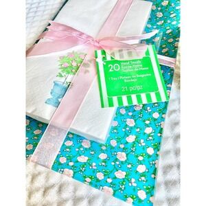 New Pink Rose Topiary Paper Guest Towels Napkins & Blue Ditsy Floral Glass Tray